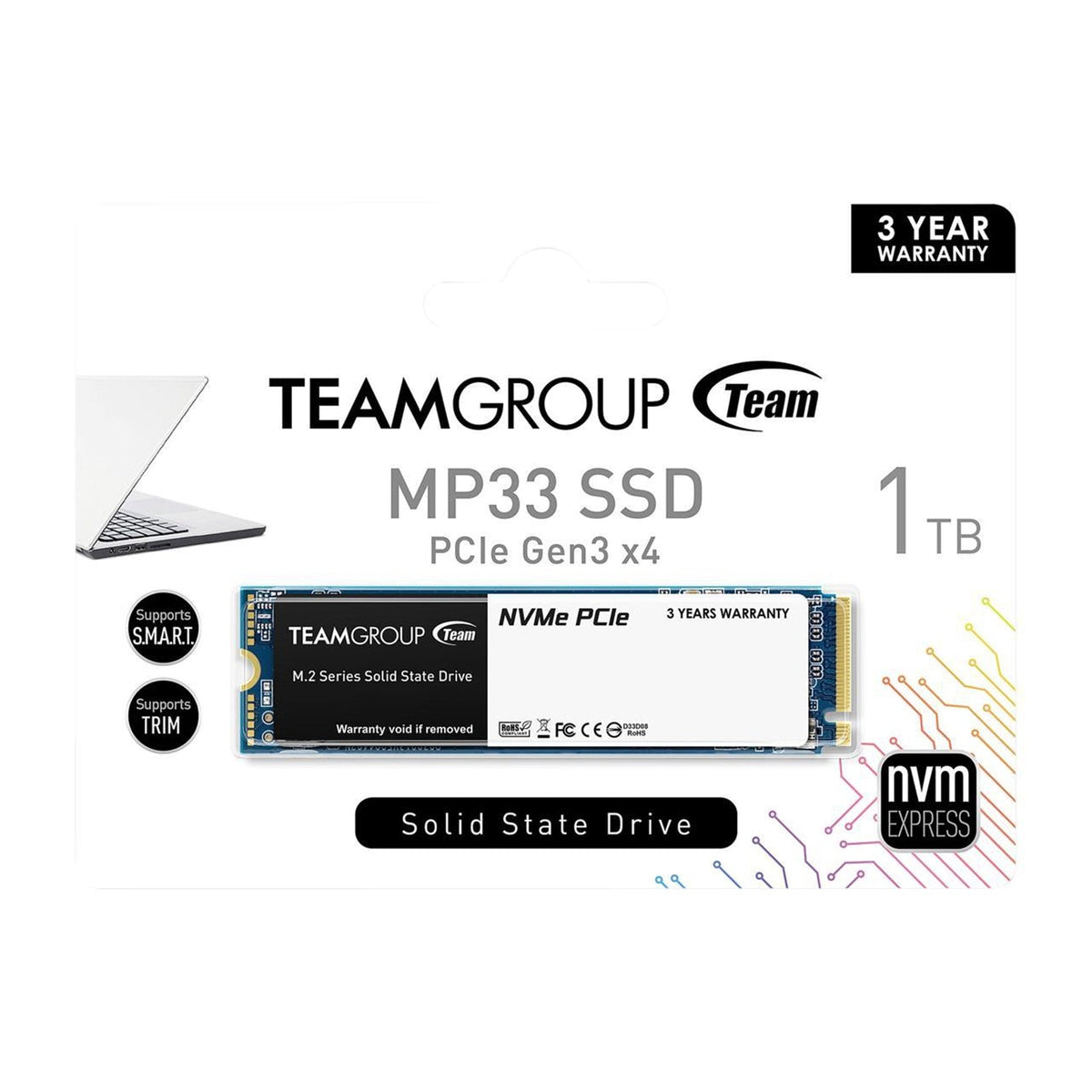 Team MP33 (TM8FP6001T0C101) 1TB NVMe SSD, M.2 Interface, PCIe Gen3, 2280, Read 1700MB/s, Write 1400MB/s, 3 Year Warranty