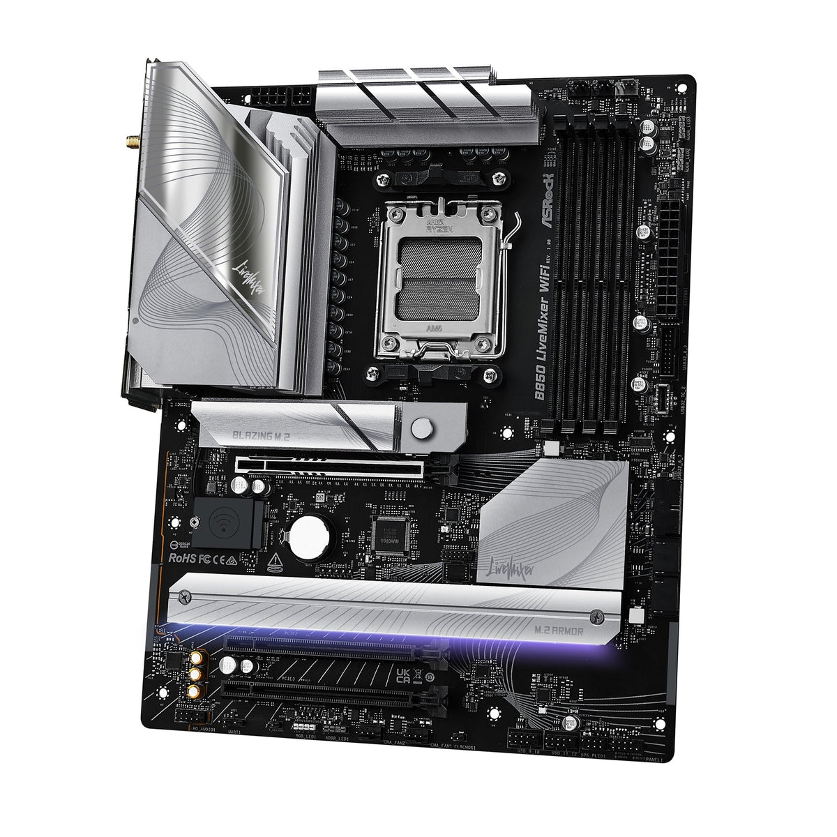 ASRock B850 LiveMixer WiFi AMD AM5 Socket Motherboard, ATX, 4x DDR5 Slots, 3x M.2 Sockets, Fitted I/O Shield, 2.5GbE LAN, Wi-Fi 7, 1x DisplayPort / 1x HDMI Port