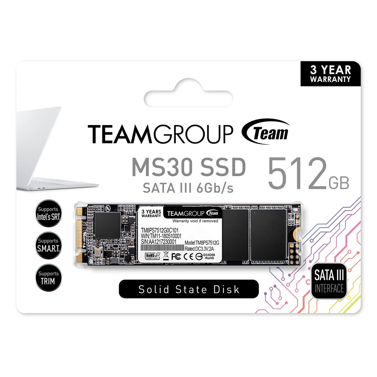 Team MS30 (TM8PS7512G0C101) 512GB, M.2 Sata Interface, PCIe Gen3, Read 550MB/s, Write 480MB/s, 3 Year Warranty